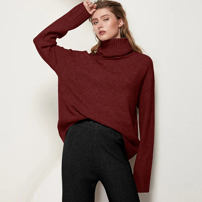 Sophisticated solid knitted two-piece set with turtleneck batwing sweater and casual wide leg pants loungewear set