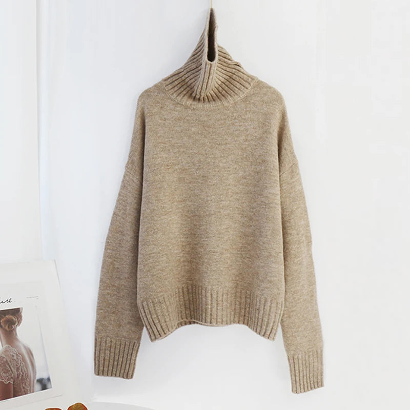Sophisticated solid knitted two-piece set with turtleneck batwing sweater and casual wide leg pants loungewear set