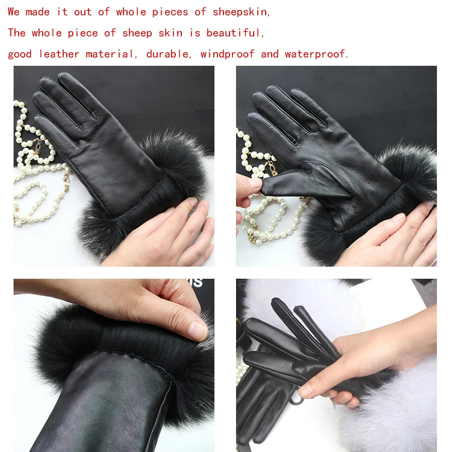 Luxurious genuine leather real raccoon fur women's gloves, big raccoon fur, and sheepskin, ensuring velvet warmth and touch for the winter season for snow cold weather .