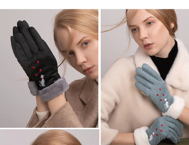 Elegant cat winter women's suede touch screen gloves with cozy soft velvet inside thicken female cats embroidery gloves