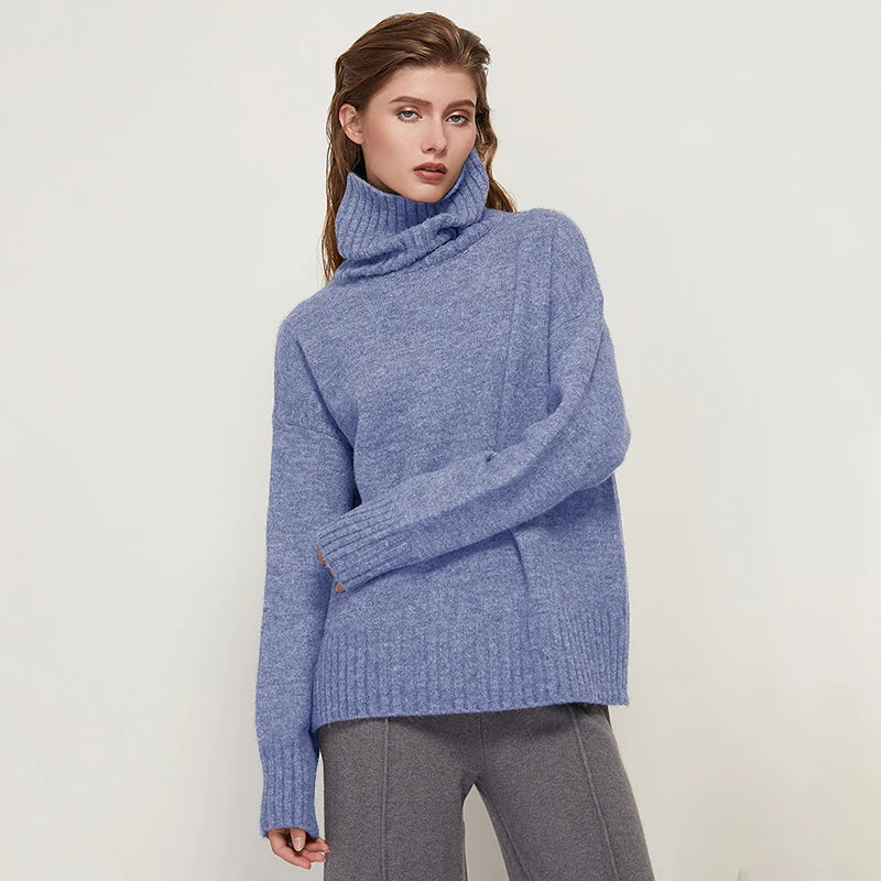 Sophisticated solid knitted two-piece set with turtleneck batwing sweater and casual wide leg pants loungewear set