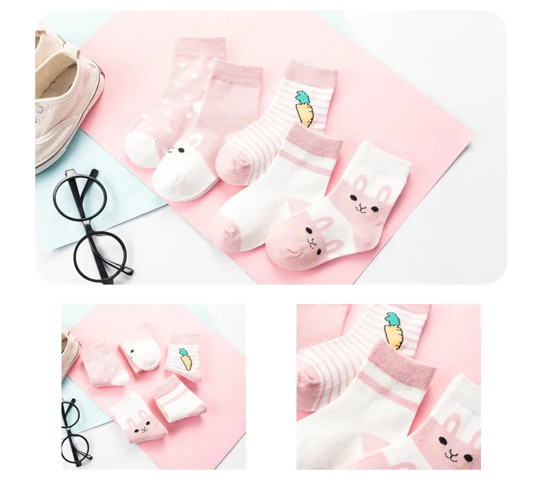 5 pairs girls baby soft cotton socks - warm striped cartoon socks for 0-8 years