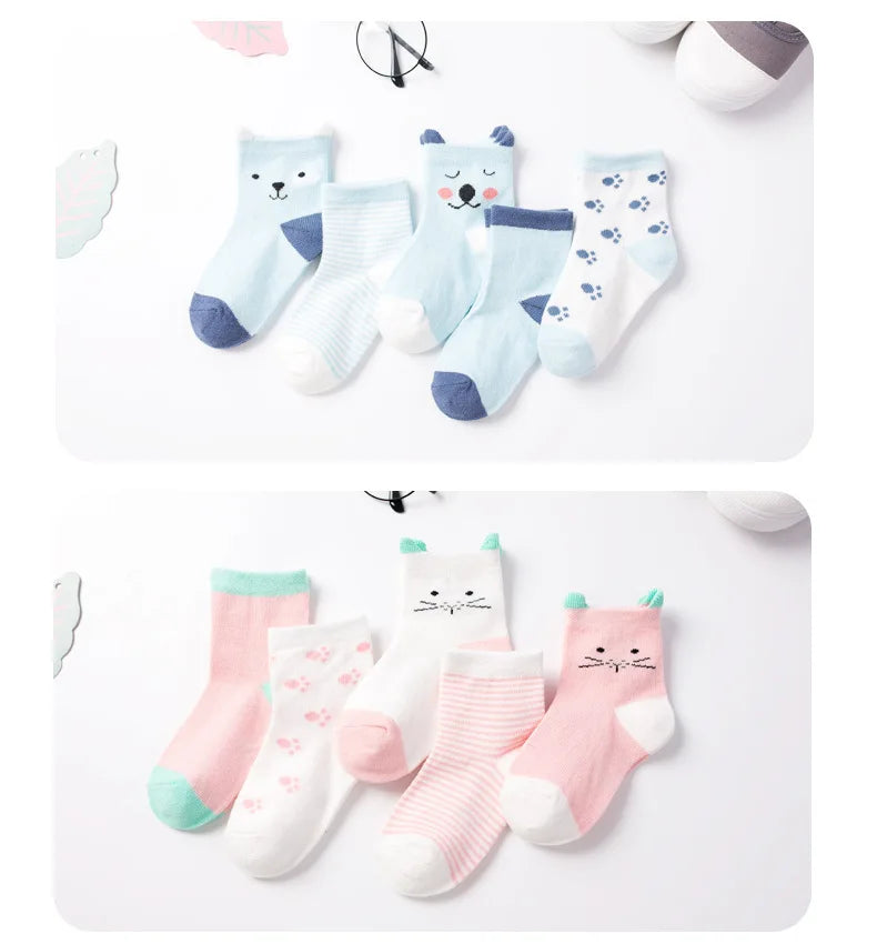 5 pairs girls baby soft cotton socks - warm striped cartoon socks for 0-8 years