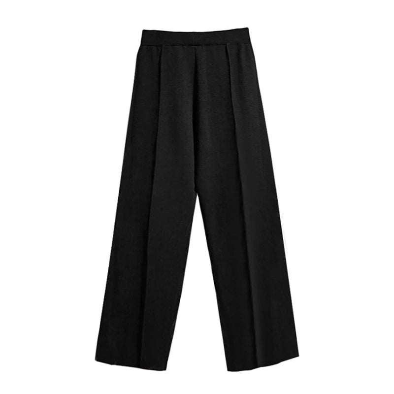 Sophisticated solid knitted two-piece set with turtleneck batwing sweater and casual wide leg pants loungewear set
