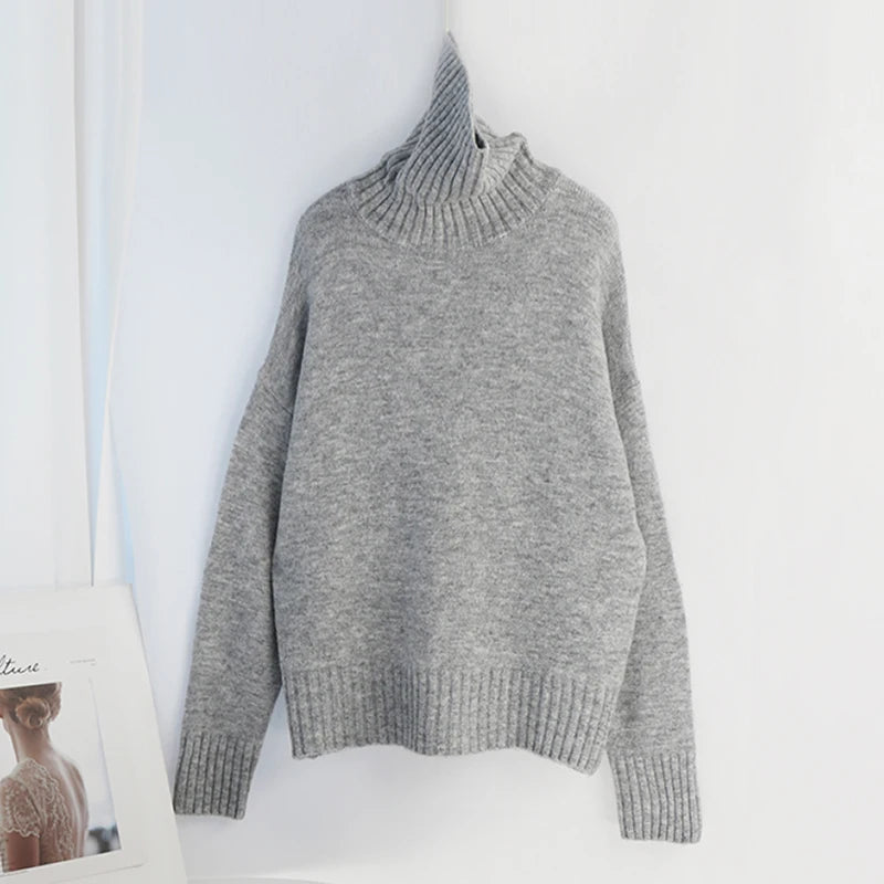 Sophisticated solid knitted two-piece set with turtleneck batwing sweater and casual wide leg pants loungewear set