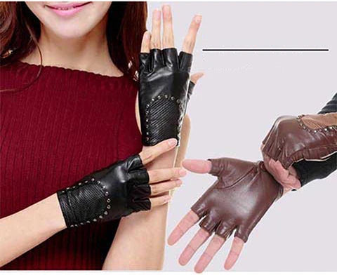 Chic stylish half finger leather motor driving gloves - breathable genuine leather gloves for even sports anti-slip