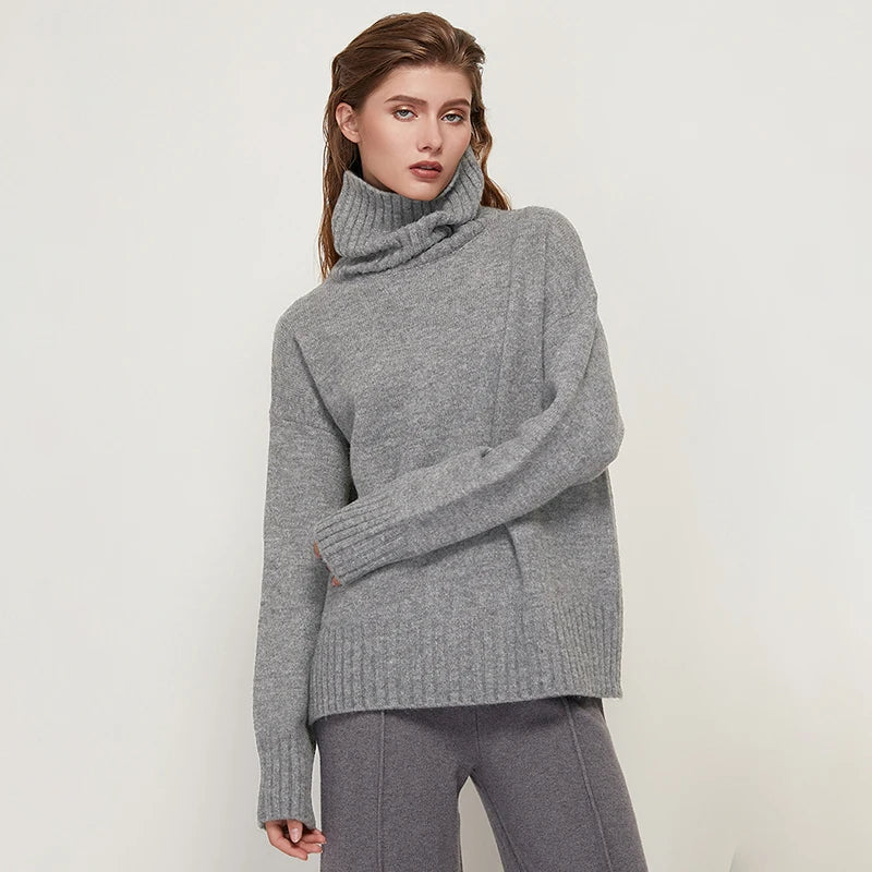 Sophisticated solid knitted two-piece set with turtleneck batwing sweater and casual wide leg pants loungewear set