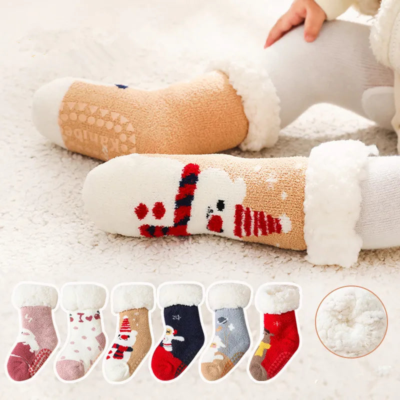 Baby winter cartoon Christmas socks thick cotton, warm and non-slip thermal socks for kids aged 0-4 years old