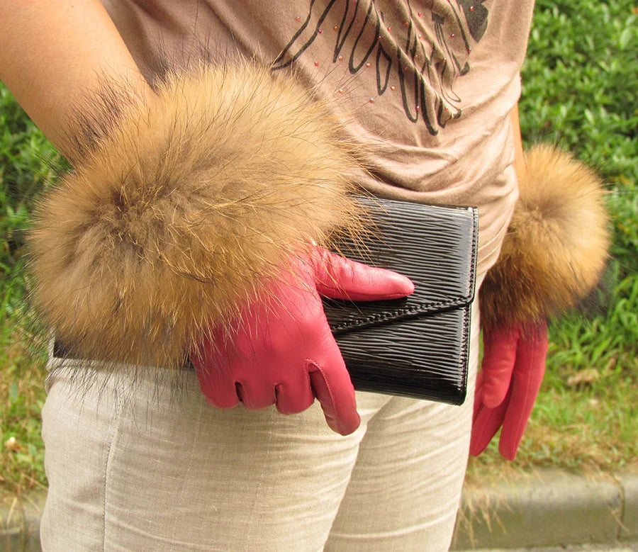 Luxurious genuine leather real raccoon fur women's gloves, big raccoon fur, and sheepskin, ensuring velvet warmth and touch for the winter season for snow cold weather .