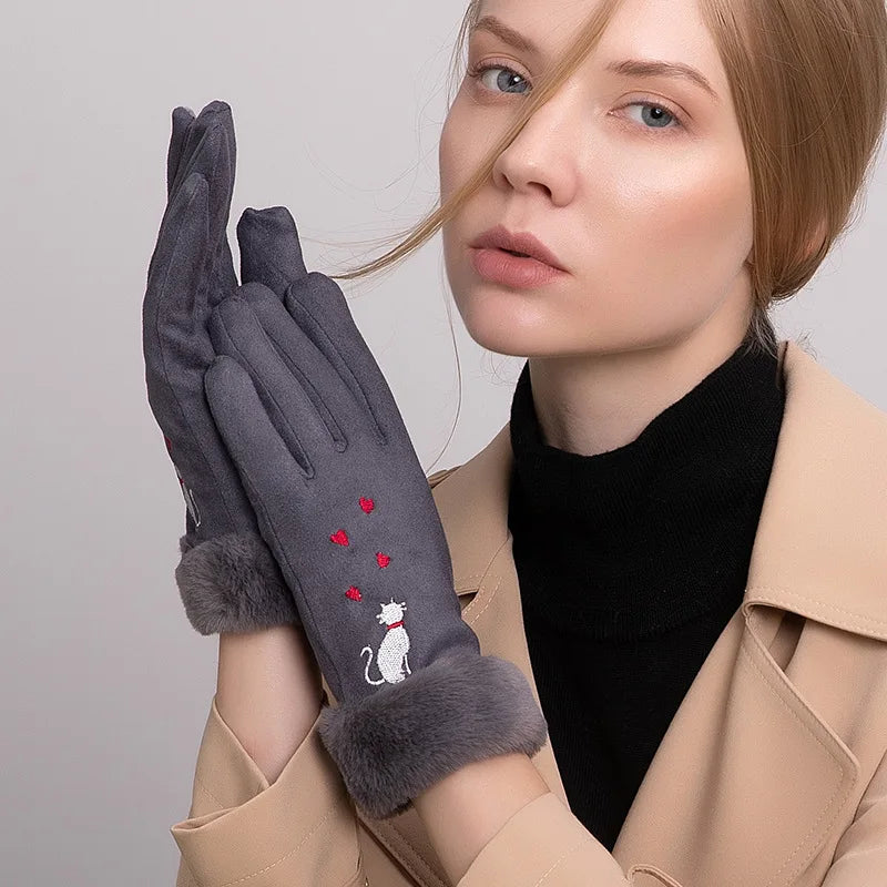 Elegant cat winter women's suede touch screen gloves with cozy soft velvet inside thicken female cats embroidery gloves