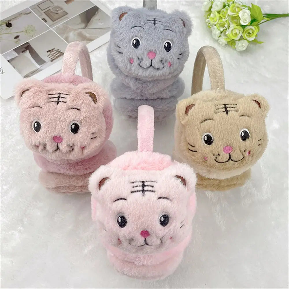 Cozy elegance tiger-themed plush ear warmer earmuffs for women and girls - cartoon cute, soft, and fluffy winter accessories
