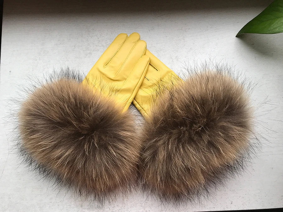Luxurious genuine leather real raccoon fur women's gloves, big raccoon fur, and sheepskin, ensuring velvet warmth and touch for the winter season for snow cold weather .