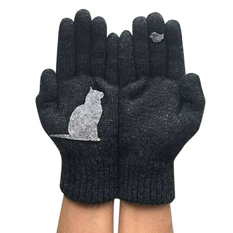 Winter warmth with cat and bird printed thermal knitted cashmere feel gloves - energize your cold days with cozy comfort women or teens girls gloves
