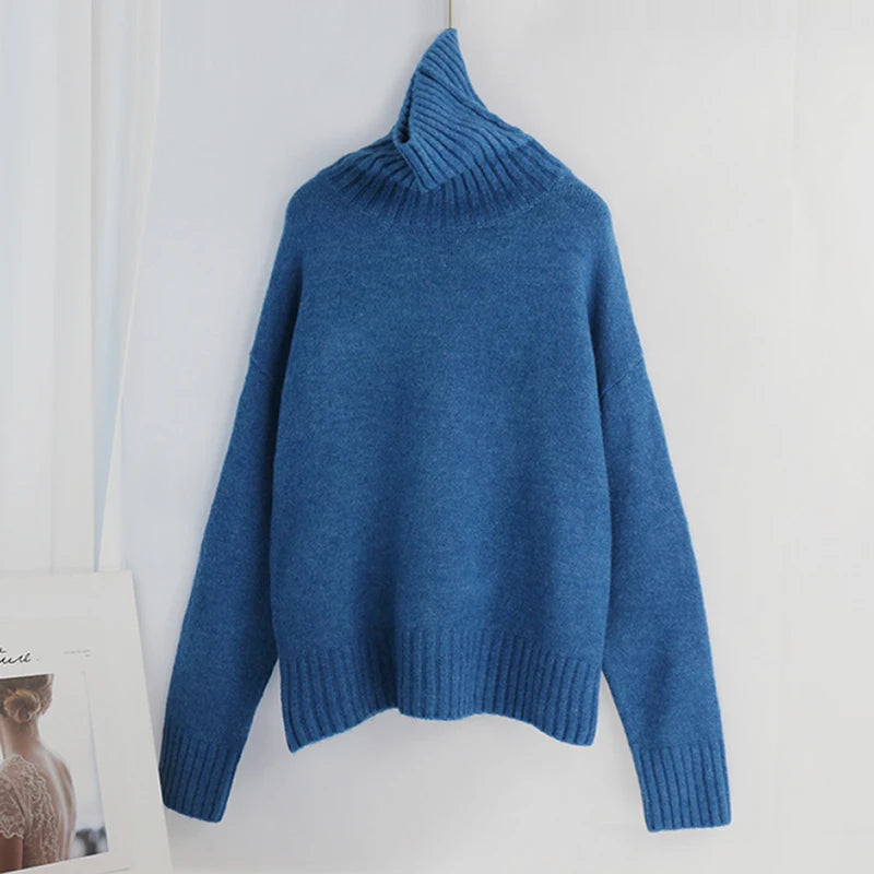 Sophisticated solid knitted two-piece set with turtleneck batwing sweater and casual wide leg pants loungewear set
