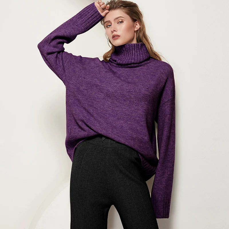 Sophisticated solid knitted two-piece set with turtleneck batwing sweater and casual wide leg pants loungewear set