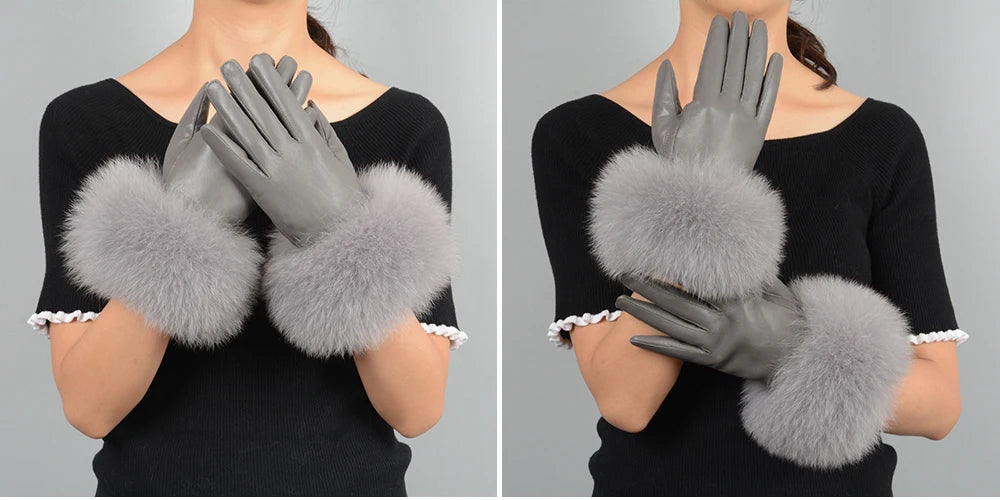 Fashionable Genuine Leather Gloves Real Sheepskin with Eco-Friendly Faux Fur for Women
