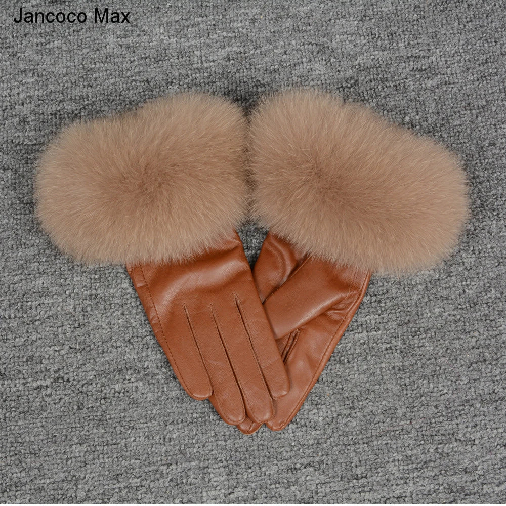 Fashionable Genuine Leather Gloves Real Sheepskin with Eco-Friendly Faux Fur for Women
