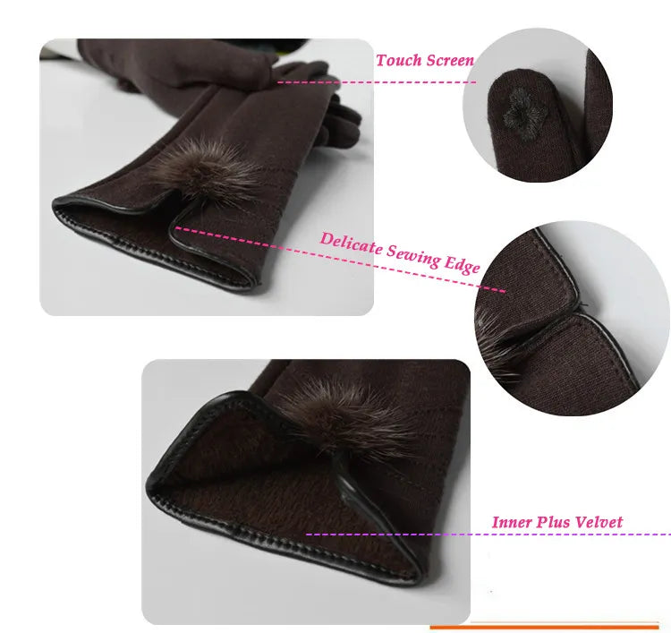 Elegant winter wool gloves with mink ball accents for women
