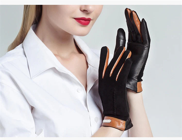 Genuine leather women gloves two tones, warm plush lined suede sheepskin gloves for autumn and winter