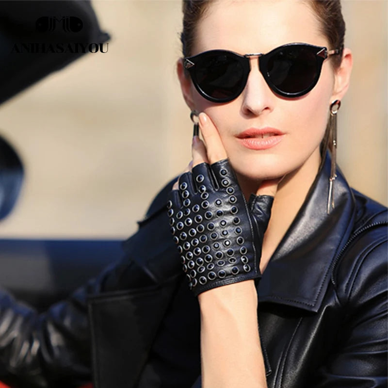 Women leather gloves for fashion fingerless studded punk style performance gloves