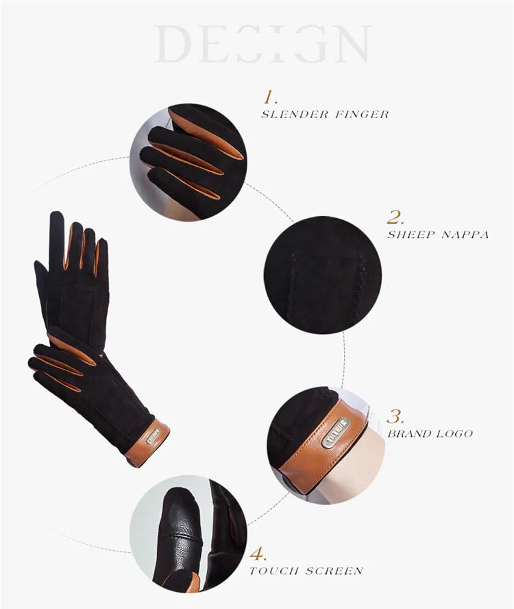 Genuine leather women gloves two tones, warm plush lined suede sheepskin gloves for autumn and winter
