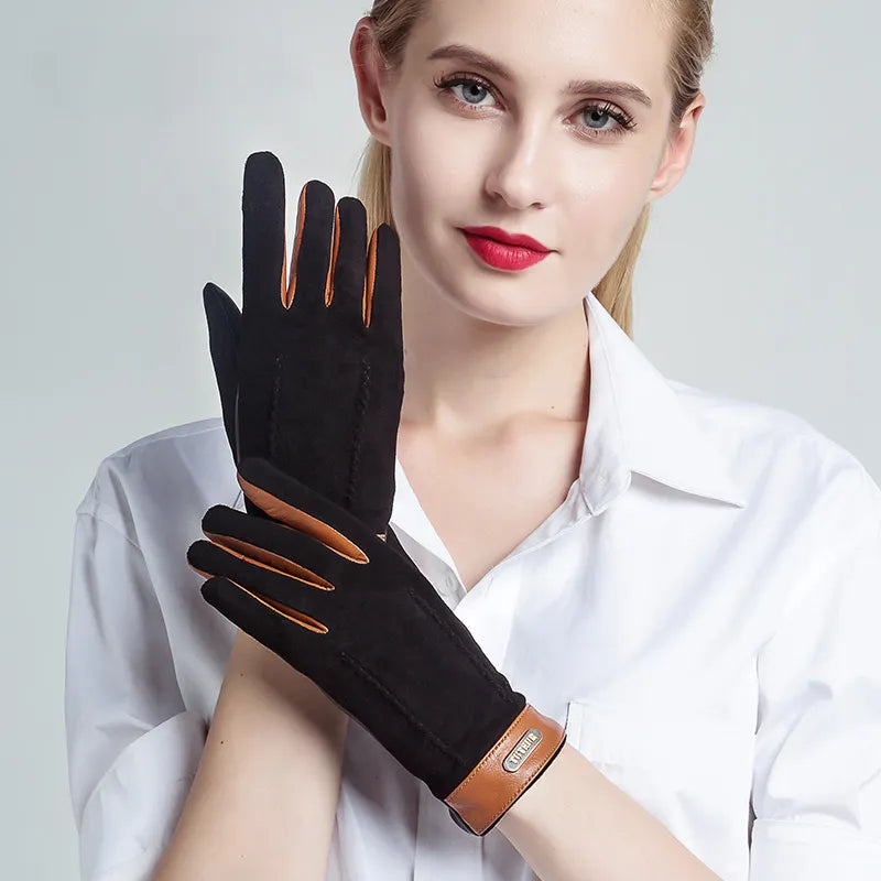 Genuine leather women gloves two tones, warm plush lined suede sheepskin gloves for autumn and winter