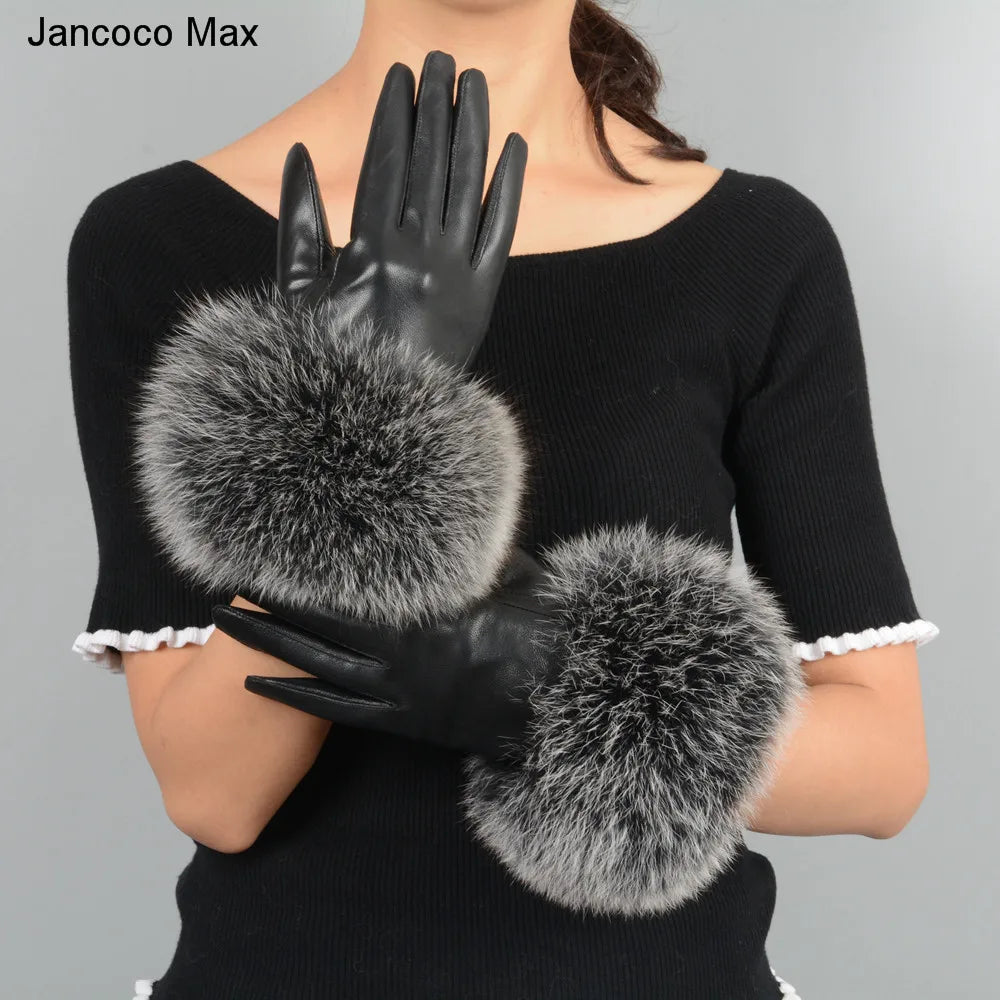 Fashionable Genuine Leather Gloves Real Sheepskin with Eco-Friendly Faux Fur for Women