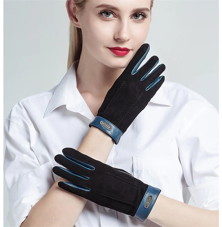 Genuine leather women gloves two tones, warm plush lined suede sheepskin gloves for autumn and winter