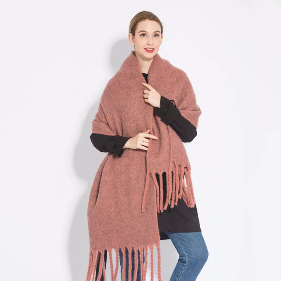 Écharpe pashmina longue à pampilles de couleur unie, châle épais et chaud pour femmes