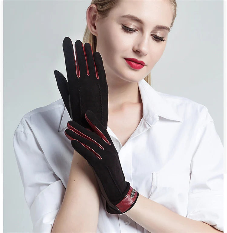 Genuine leather women gloves two tones, warm plush lined suede sheepskin gloves for autumn and winter