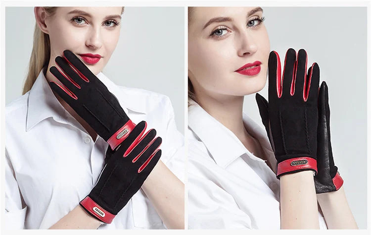 Genuine leather women gloves two tones, warm plush lined suede sheepskin gloves for autumn and winter