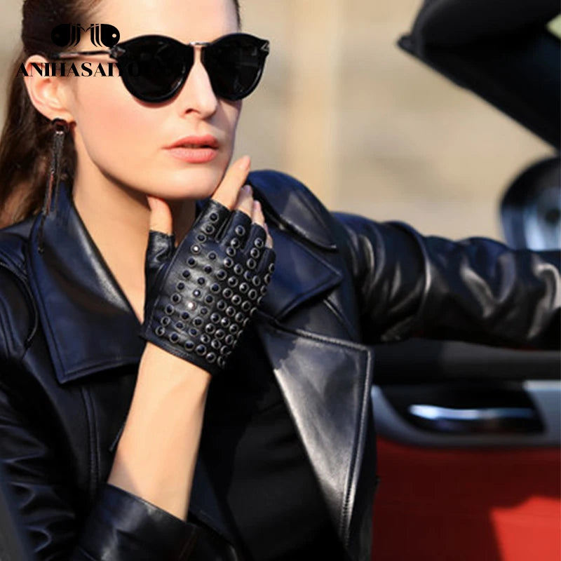 Women leather gloves for fashion fingerless studded punk style performance gloves