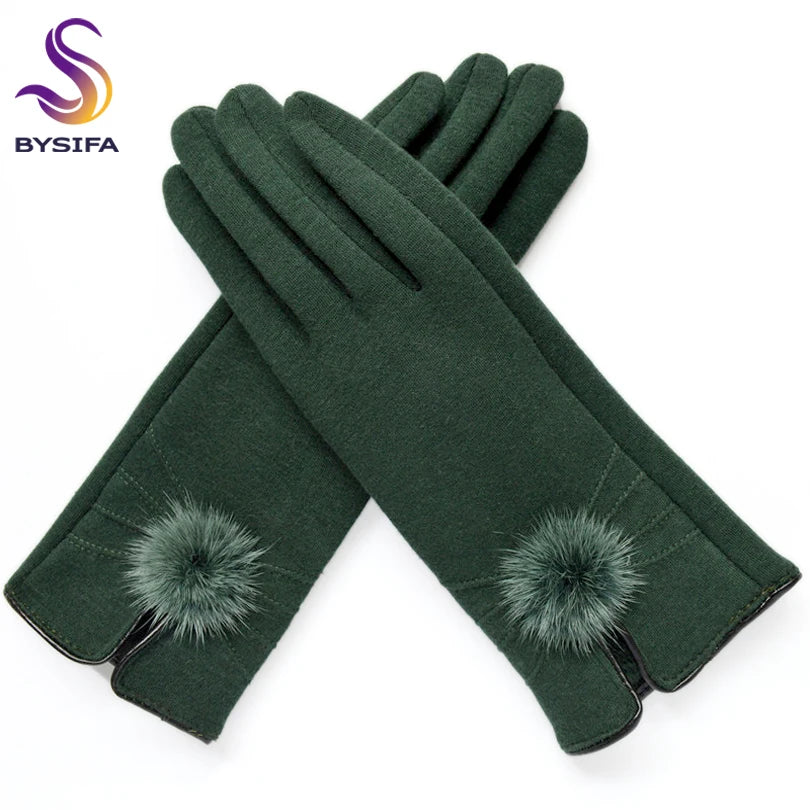 Elegant winter wool gloves with mink ball accents for women
