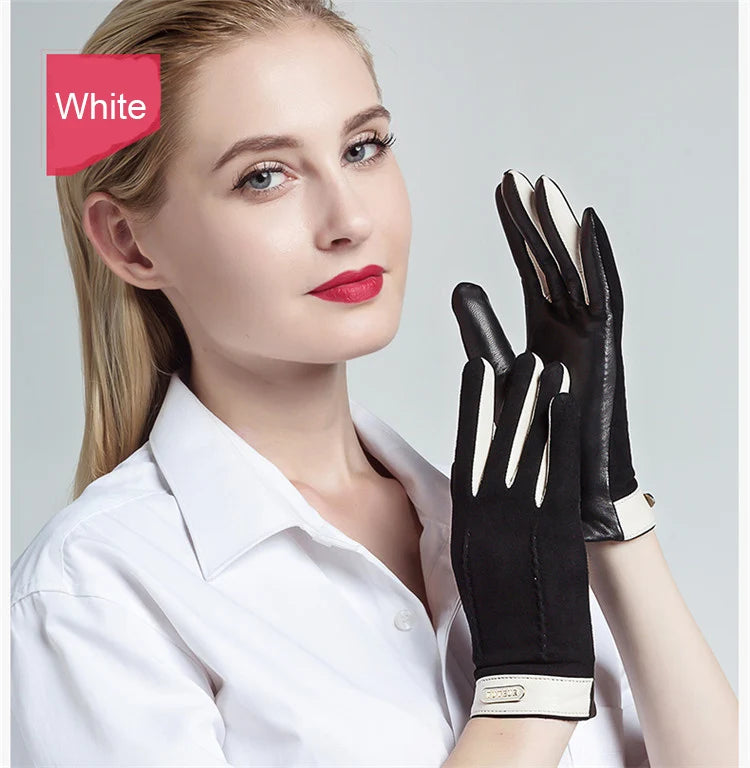 Genuine leather women gloves two tones, warm plush lined suede sheepskin gloves for autumn and winter