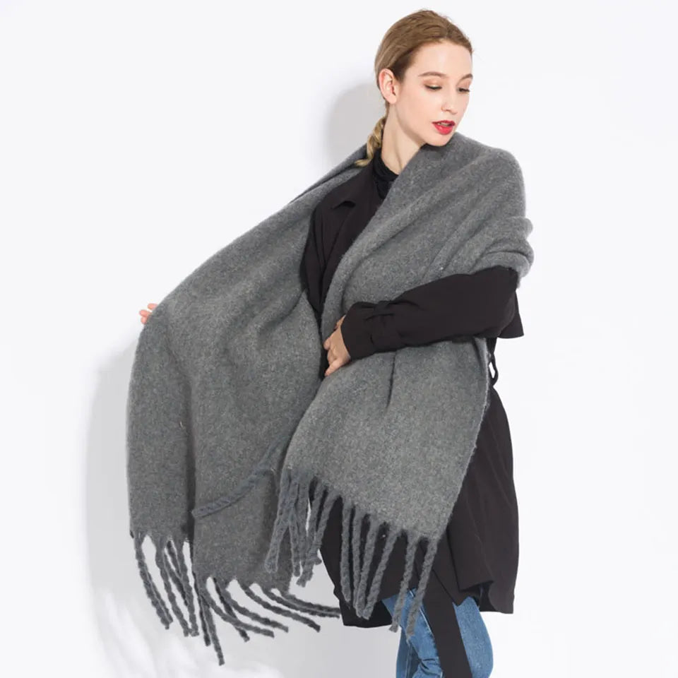 Écharpe pashmina longue à pampilles de couleur unie, châle épais et chaud pour femmes