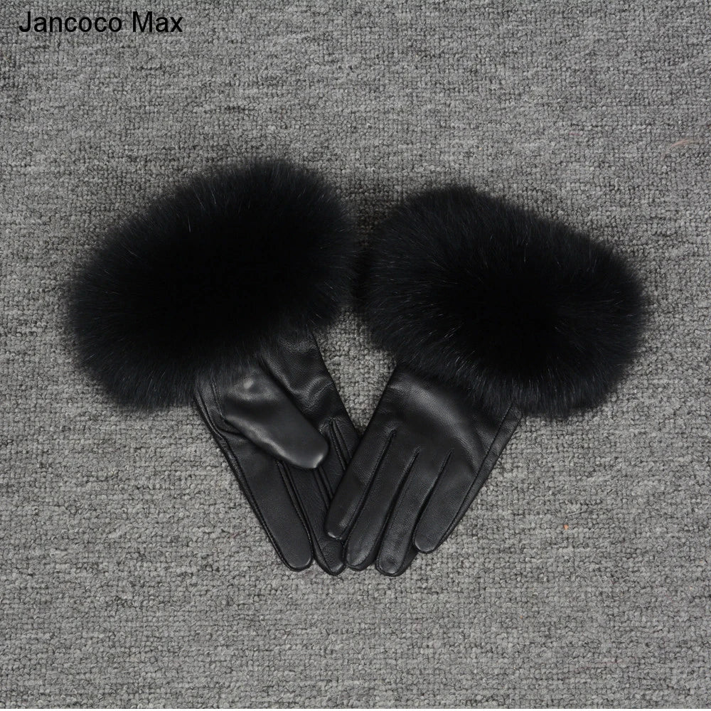 Fashionable Genuine Leather Gloves Real Sheepskin with Eco-Friendly Faux Fur for Women