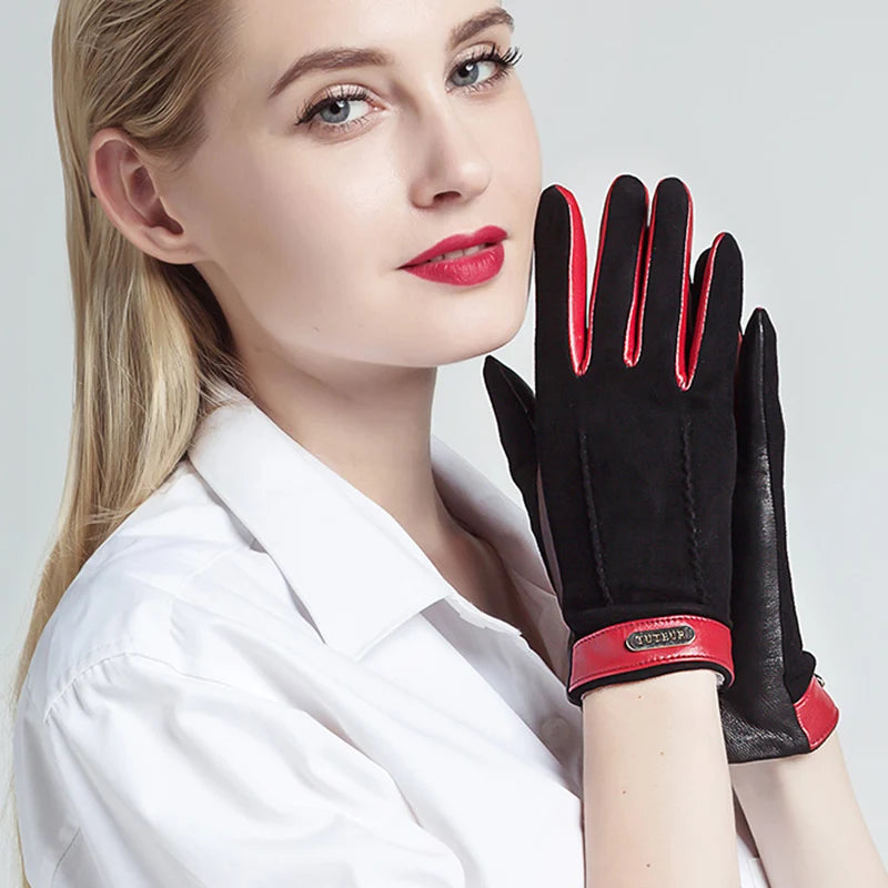 Genuine leather women gloves two tones, warm plush lined suede sheepskin gloves for autumn and winter