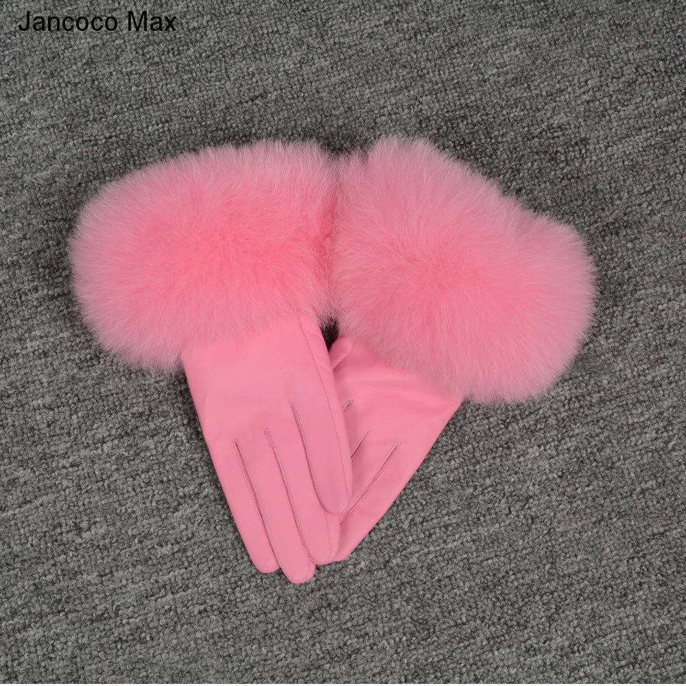 Fashionable Genuine Leather Gloves Real Sheepskin with Eco-Friendly Faux Fur for Women