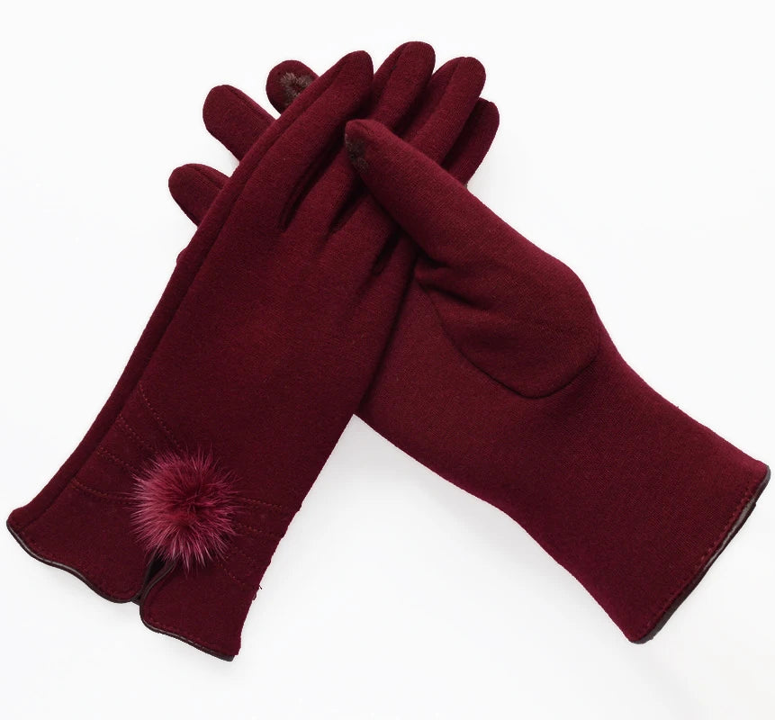Elegant winter wool gloves with mink ball accents for women