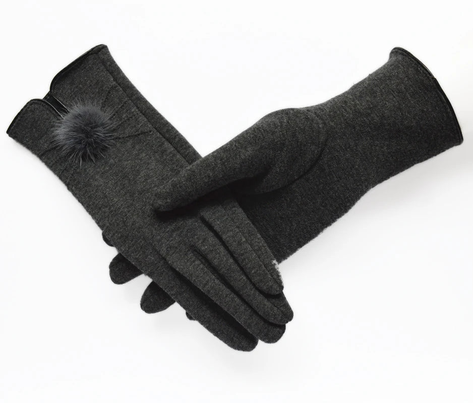 Elegant winter wool gloves with mink ball accents for women