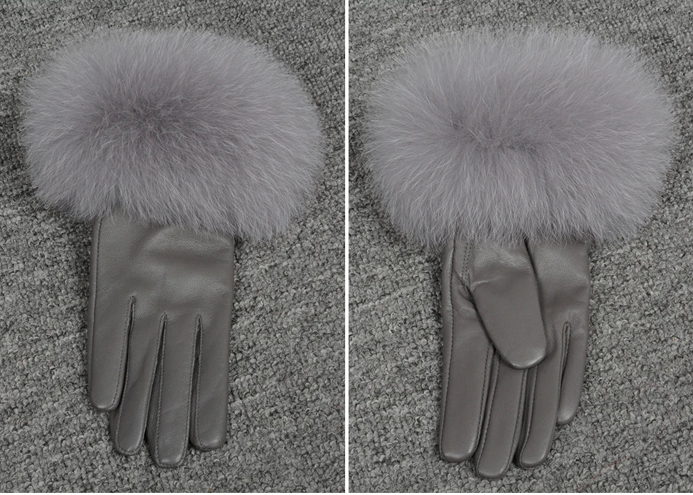 Fashionable Genuine Leather Gloves Real Sheepskin with Eco-Friendly Faux Fur for Women