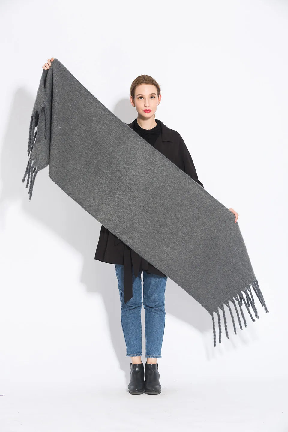 Écharpe pashmina longue à pampilles de couleur unie, châle épais et chaud pour femmes
