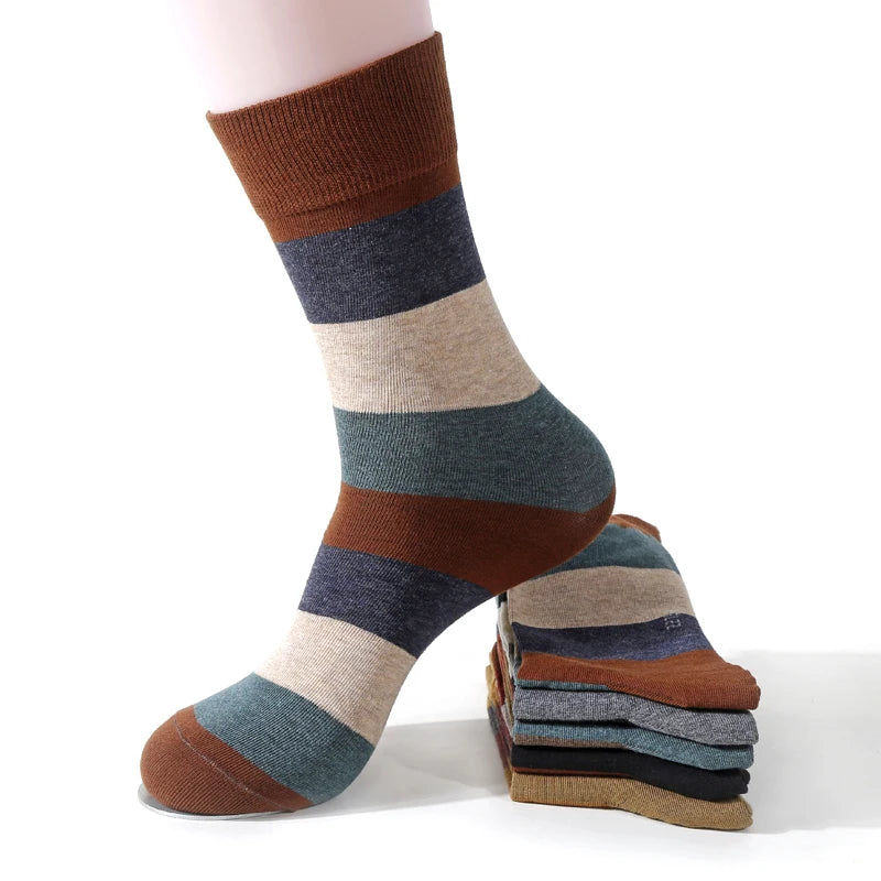 Men's Fashion trendy business or fun colorful large stripe Cotton Socks, 5 Pairs/Lot, Sizes 39-44