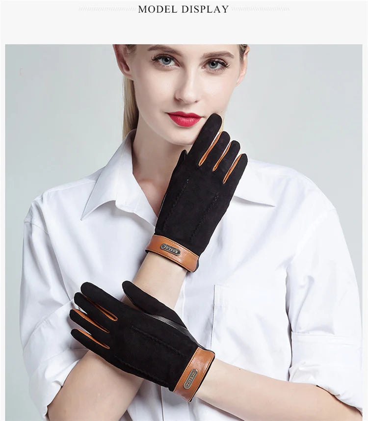 Genuine leather women gloves two tones, warm plush lined suede sheepskin gloves for autumn and winter