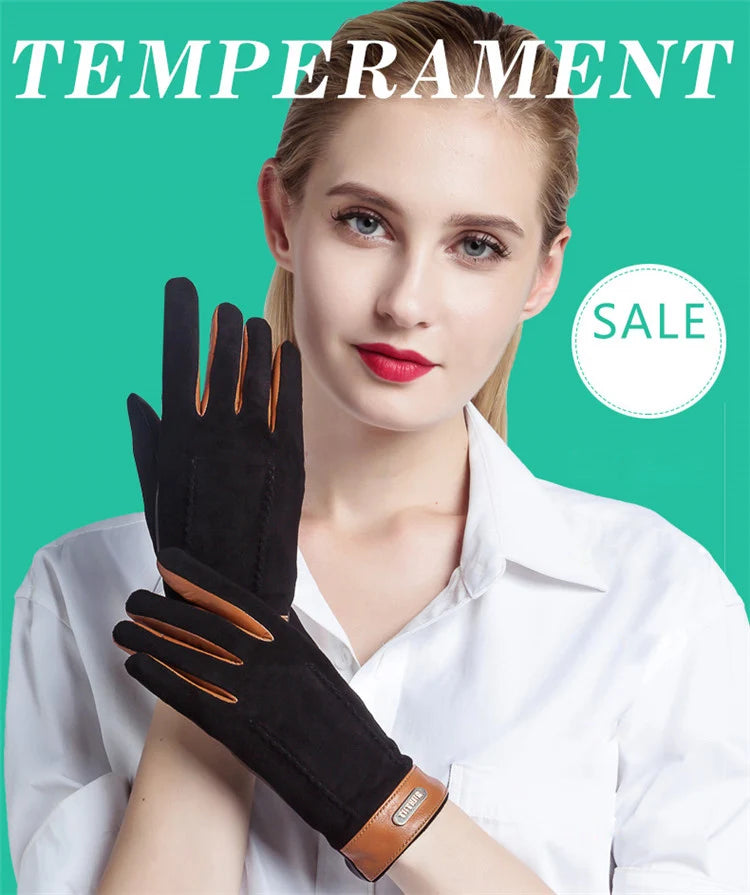 Genuine leather women gloves two tones, warm plush lined suede sheepskin gloves for autumn and winter