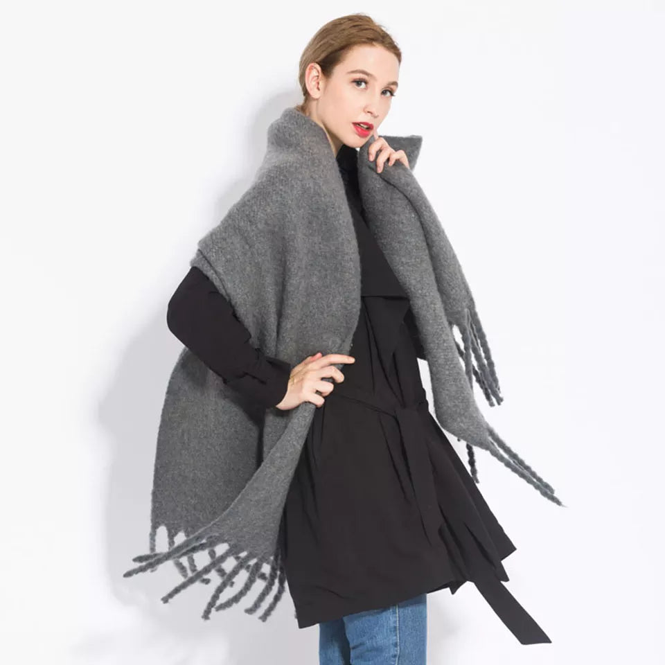 Écharpe pashmina longue à pampilles de couleur unie, châle épais et chaud pour femmes
