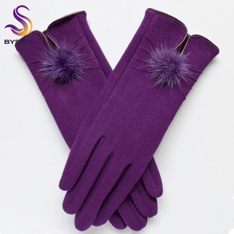 Elegant winter wool gloves with mink ball accents for women