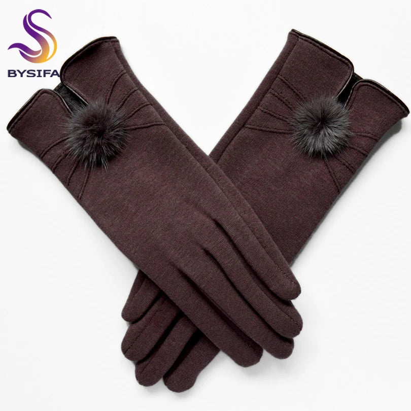 Elegant winter wool gloves with mink ball accents for women