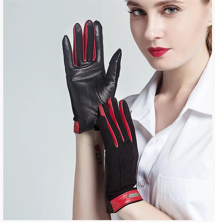 Genuine leather women gloves two tones, warm plush lined suede sheepskin gloves for autumn and winter