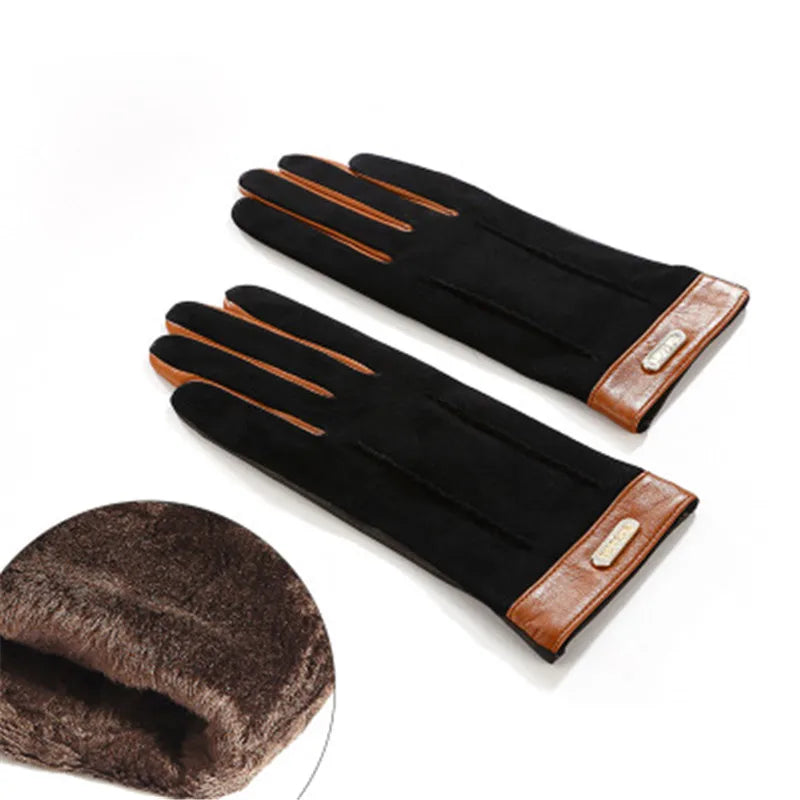 Genuine leather women gloves two tones, warm plush lined suede sheepskin gloves for autumn and winter